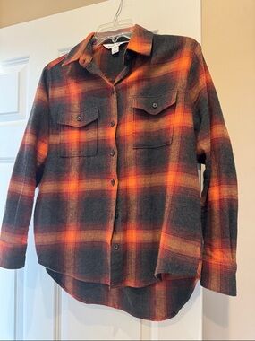 Boyfriend-style Orange and Black Plaid Button-Down Shirt